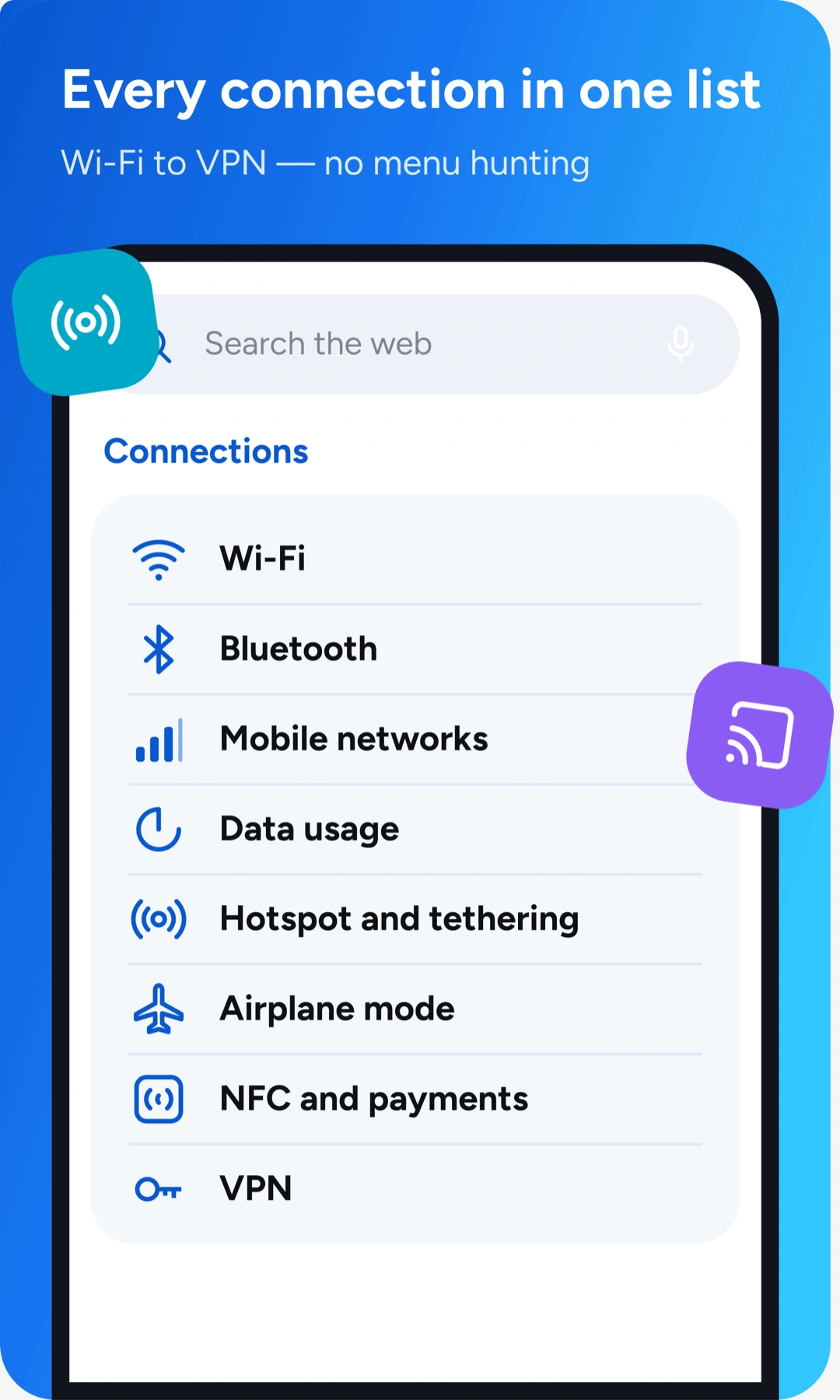 A list of connection settings like Wi-Fi, Bluetooth and airplane mode