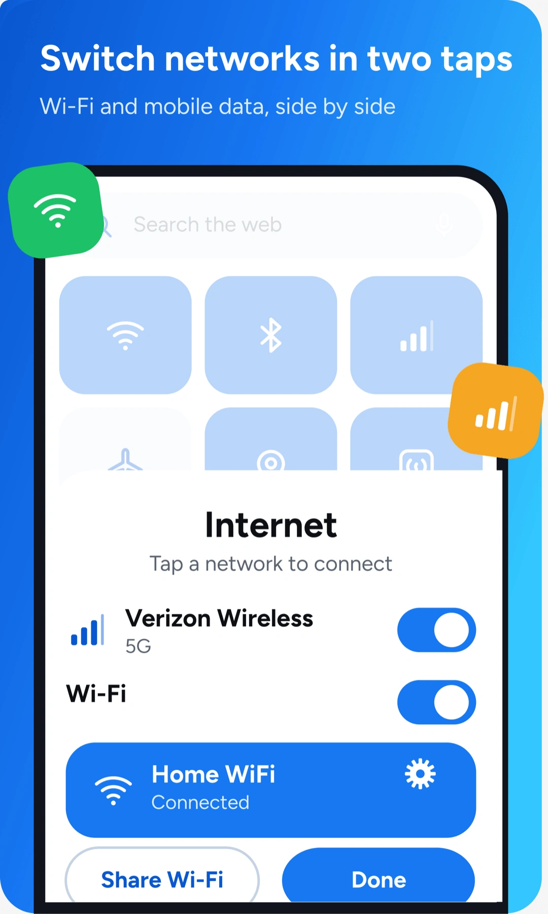 A picker for available Wi-Fi networks and mobile data