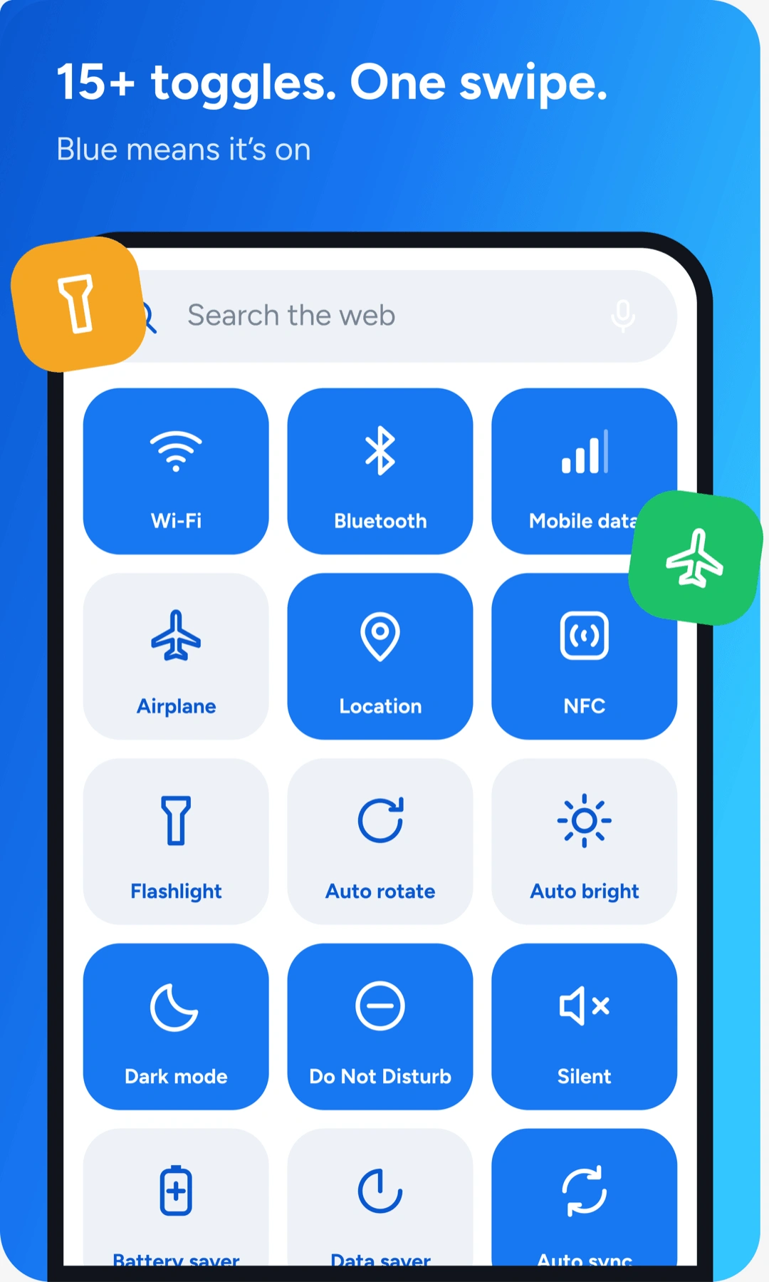 A grid of quick setting toggles like Wi-Fi, Bluetooth, data and dark mode